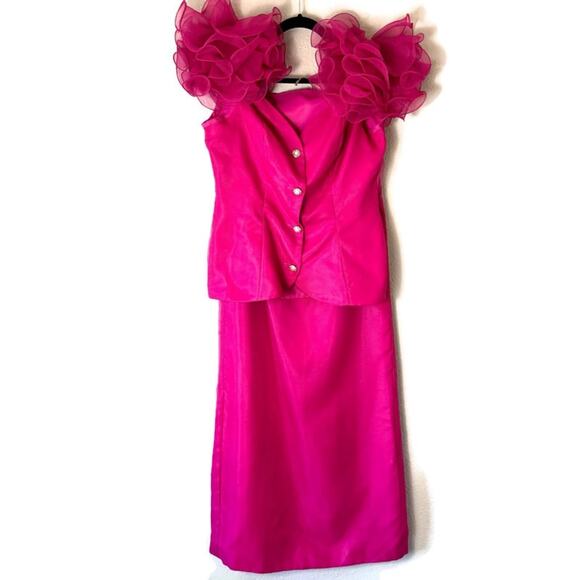 Vintage 80s Hot Pink Barbie Ruffled Sleeve 2 Piece Skirt Set Size Medium/8 - Picture 1 of 10